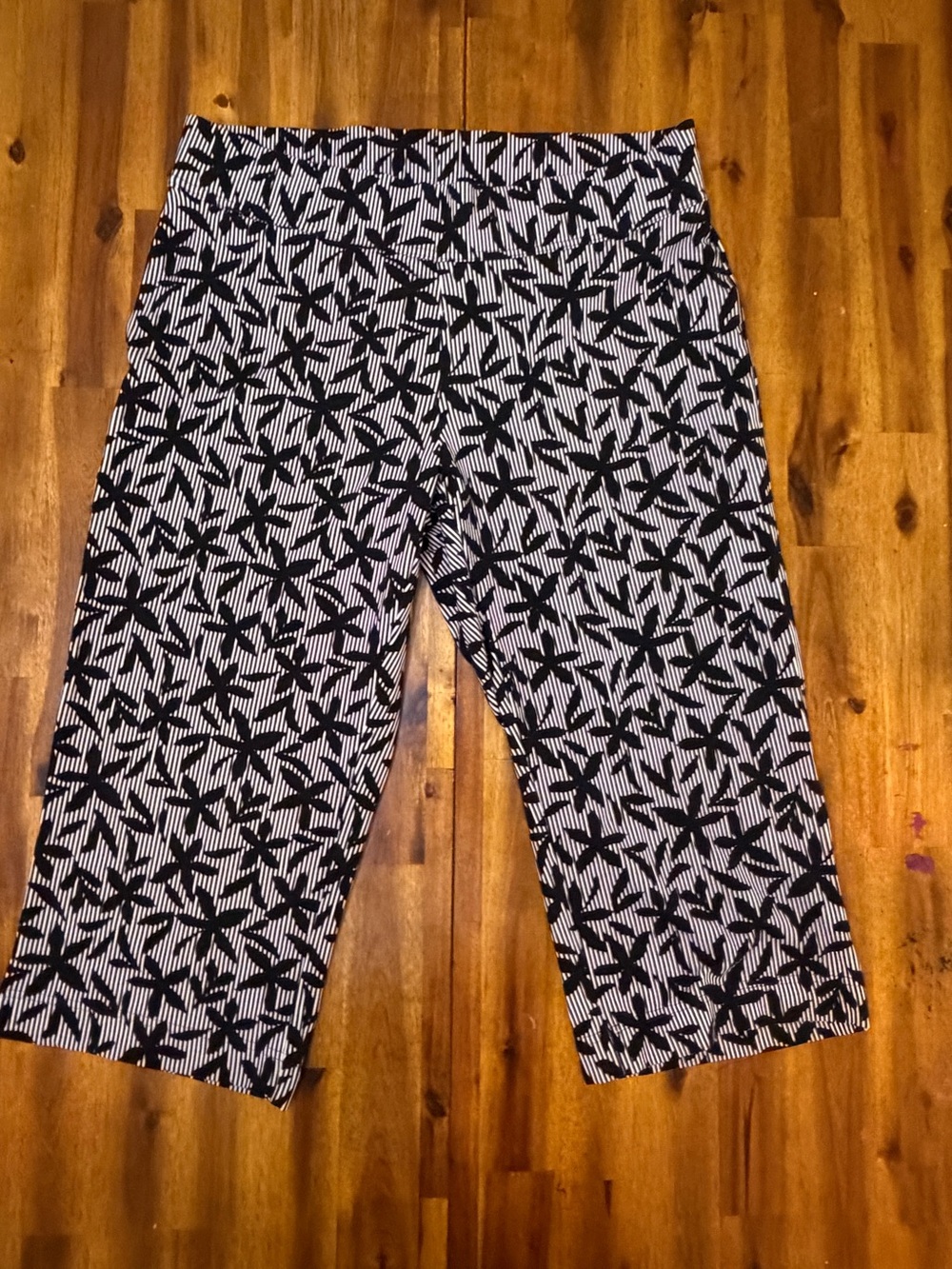 Lands' End Starfish Midrise Leggings Women Black Stripe Floral Knit Pants Large